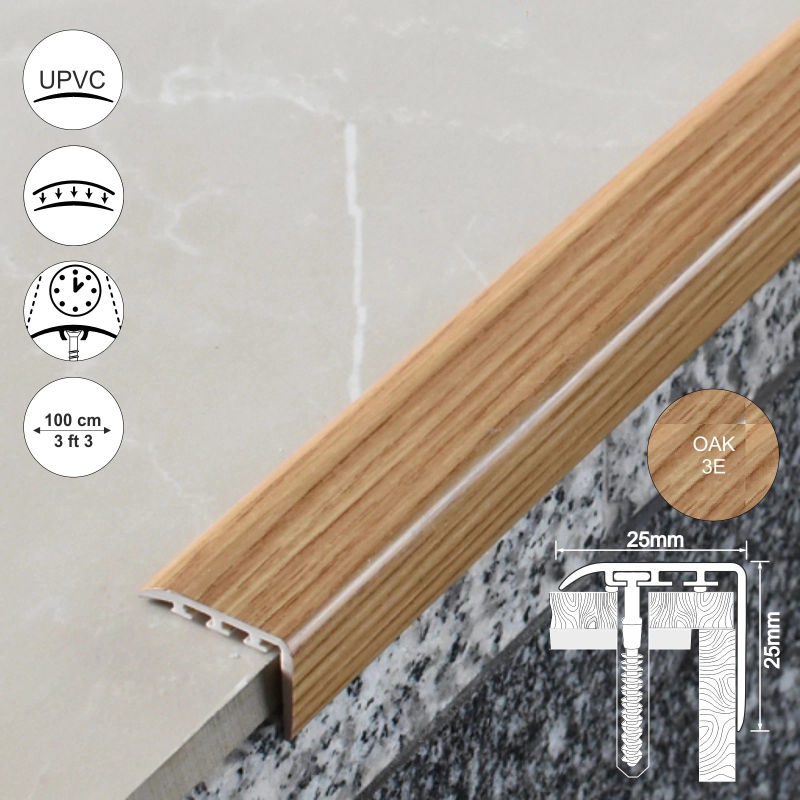 UPVC WOOD EFFECT STAIR EDGE NOSING -TRIM- EDGING NOSING 25 x 25mm