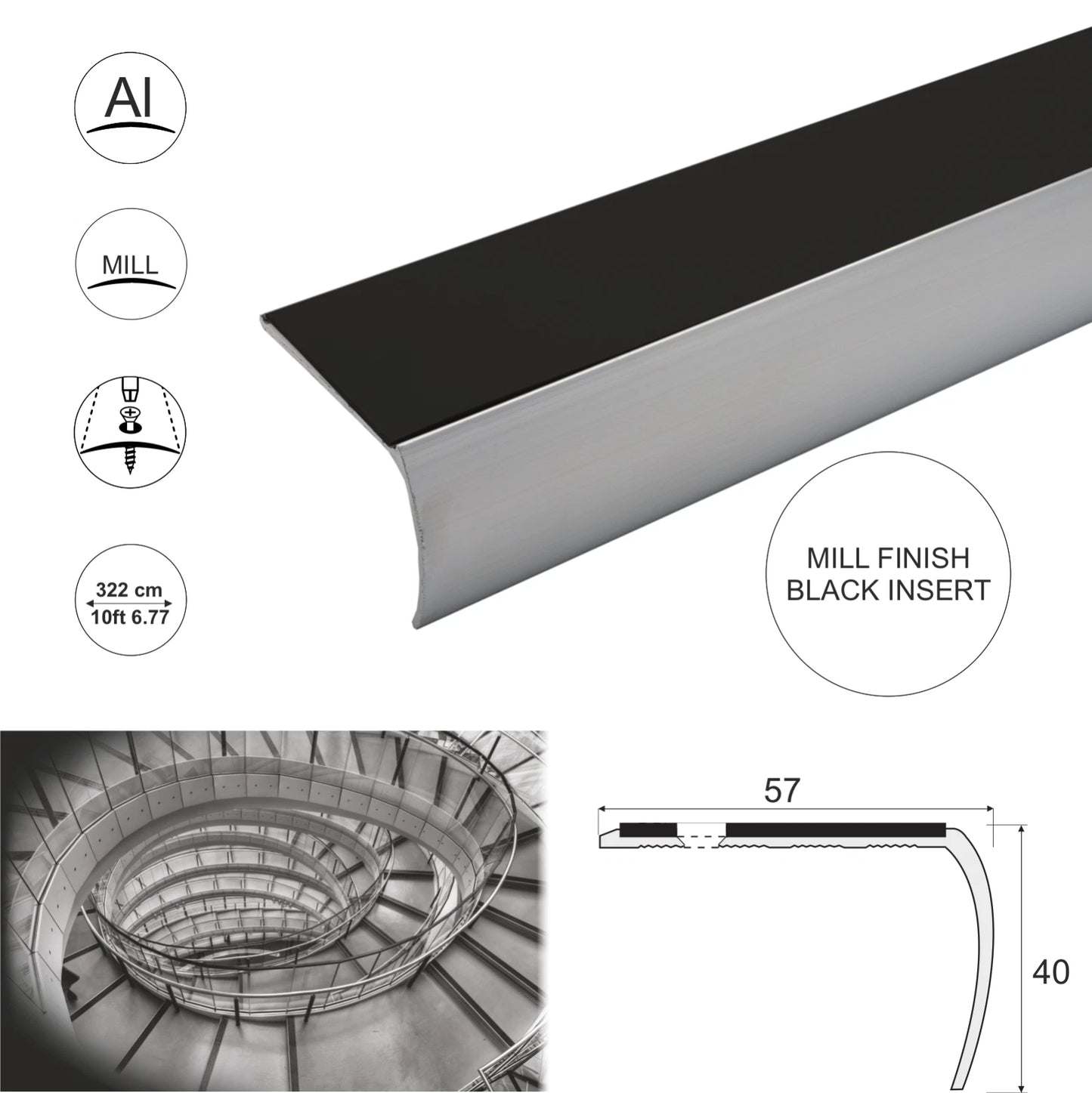 3.22m Anti Slip Bullnose Stair Nosings Step Nosing Edge Profile 57x 40mm