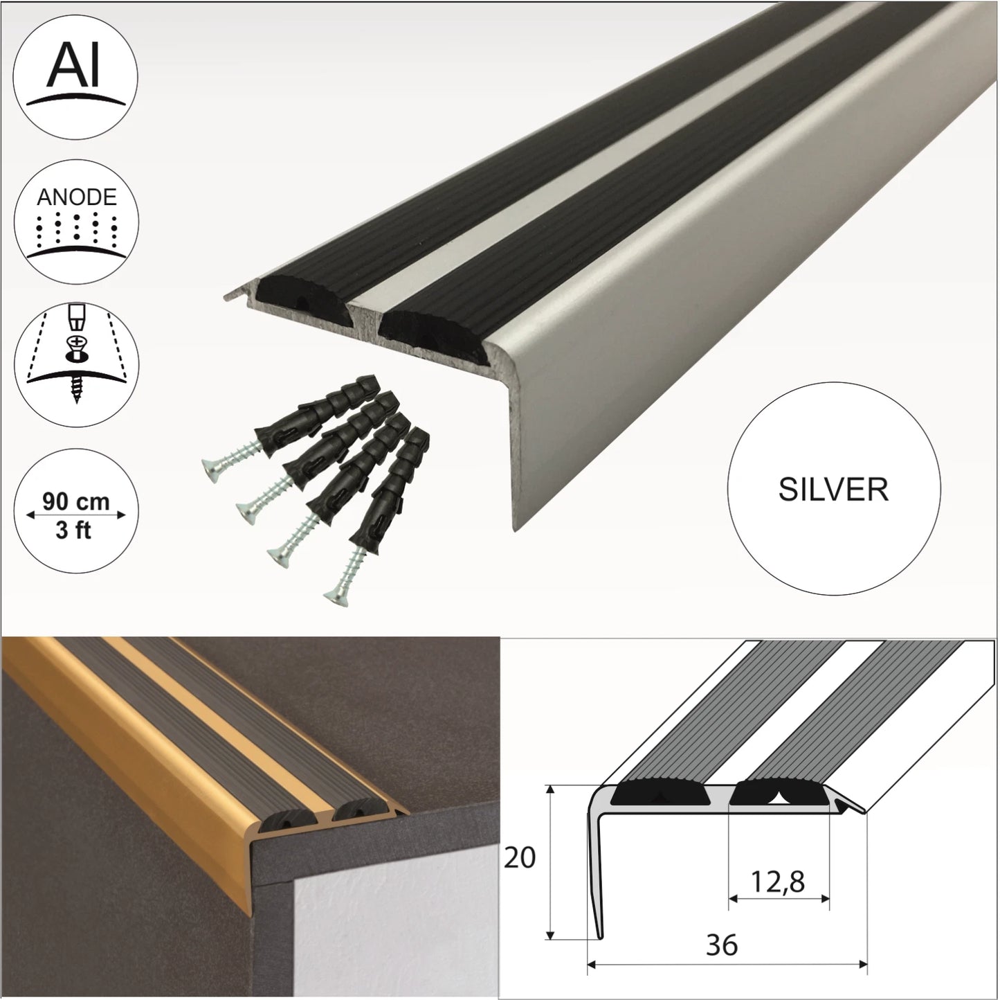 ALUMINIUM STAIR NOSING EDGE TRIM STEP NOSE EDGING NOSINGS FOR CARPET WOOD A37