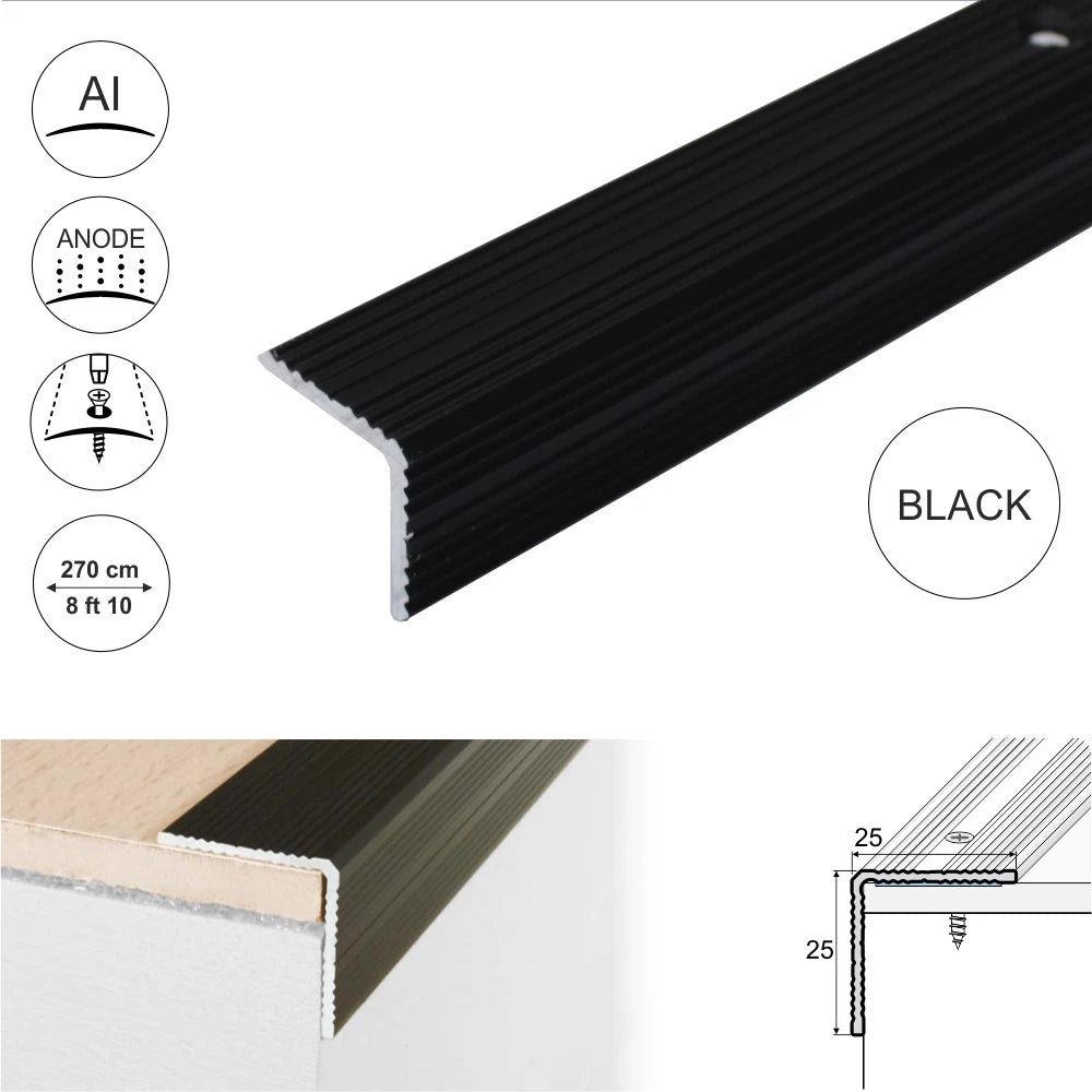 2.7m ANODISED ALUMINIUM ANTI NON SLIP STAIR EDGE NOSING -TRIM- 25x 25mm