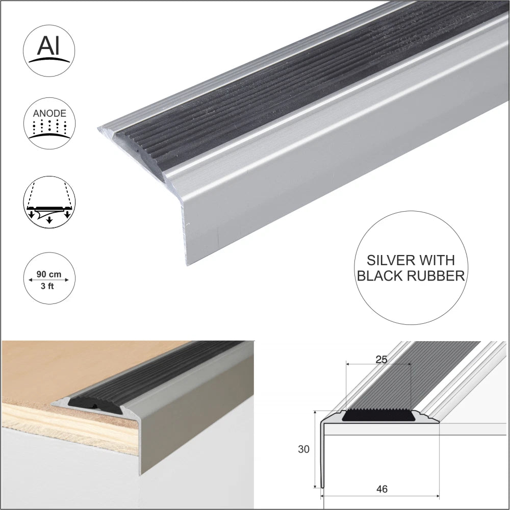 SELF ADHESIVE ANODISED ALUMINIUM RUBBER STAIR EDGE NOSING EDGEING TRIM A38