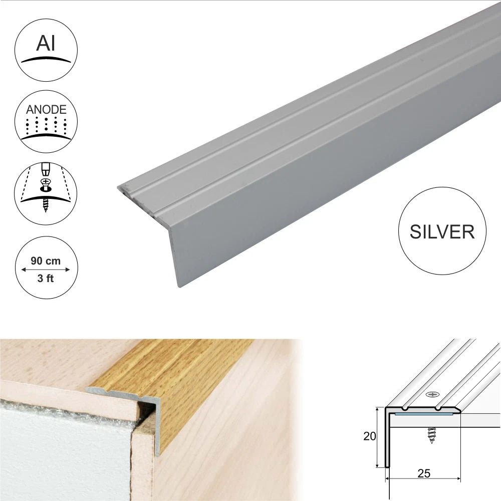 ALUMINIUM STAIR NOSINGS STEP EDGE NOSING FOR LAMINATE, WOOD,CARPET 25x20mm A36