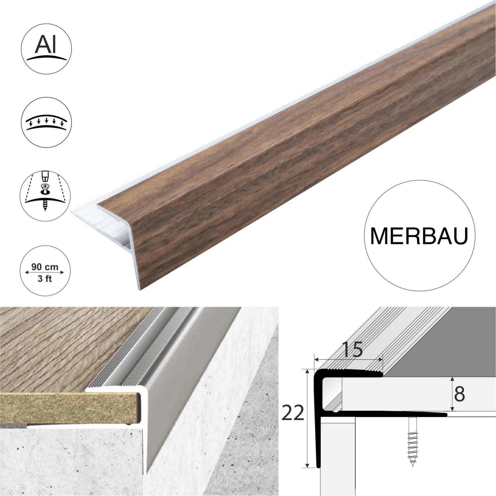 Aluminium Stair Nosing Wood Effect Edge Trim Step Edging Strip For Laminate A60