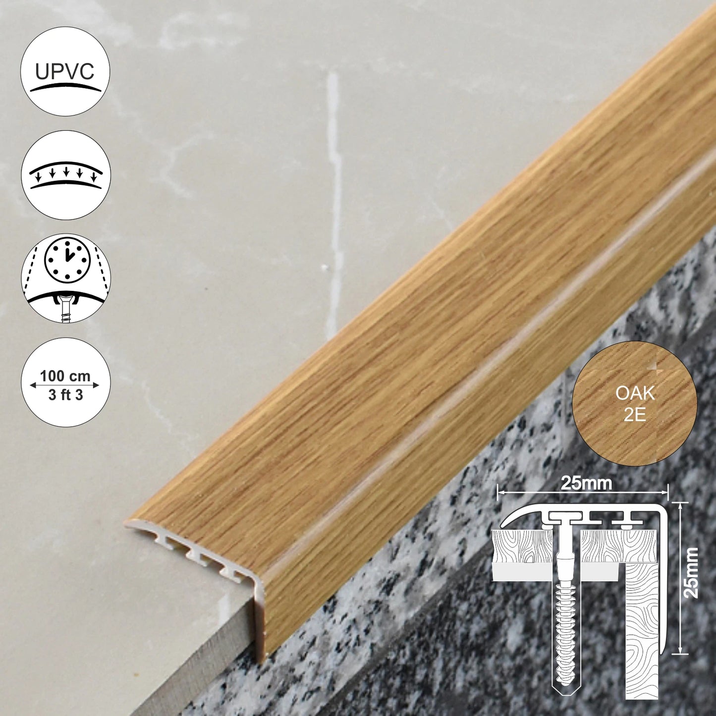 UPVC WOOD EFFECT STAIR EDGE NOSING -TRIM- EDGING NOSING 25 x 25mm