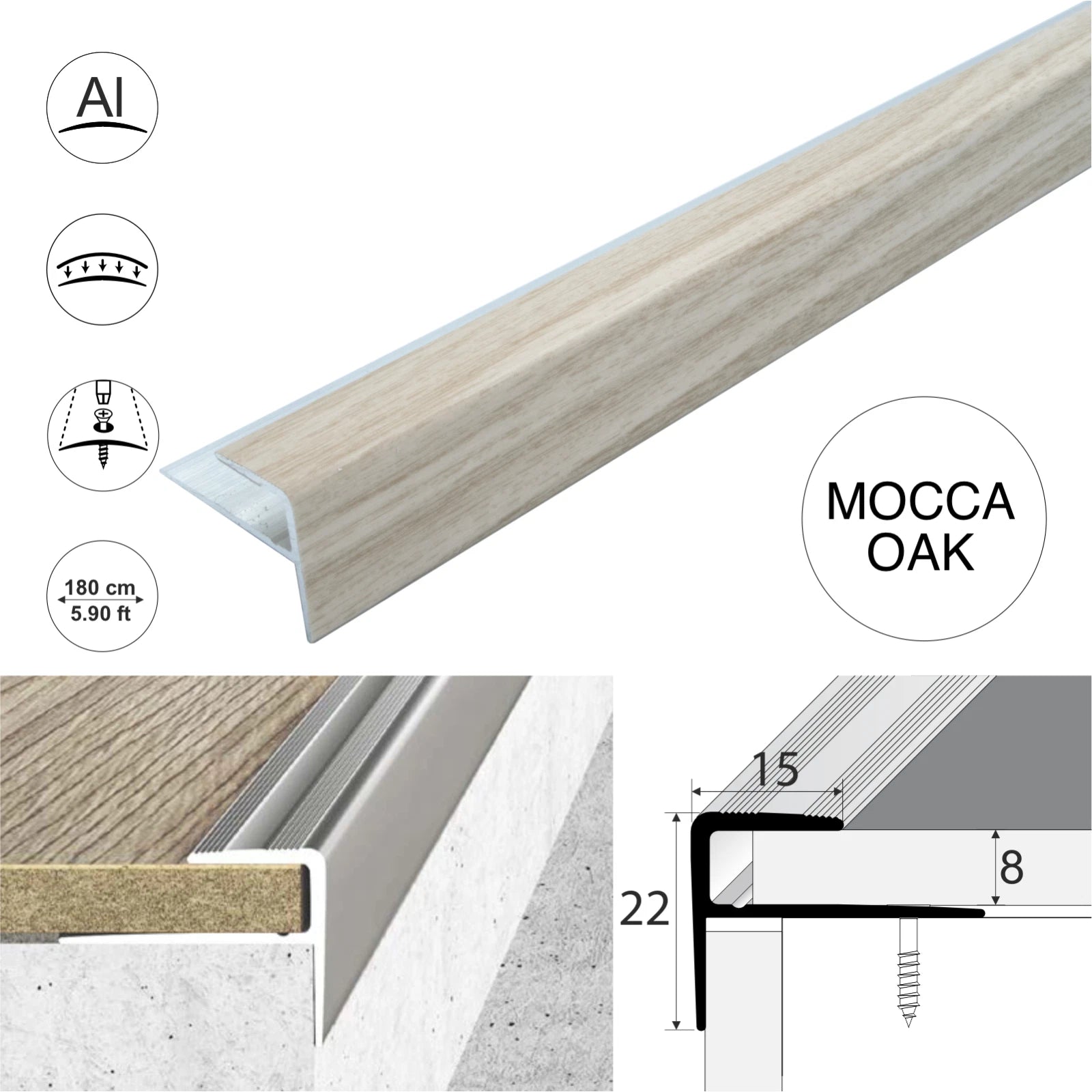 Aluminium Stair Nosing Wood Effect Edge Trim Step Nose Edging Laminate 1.8m A60