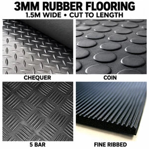 3mm Heavy Duty Rubber Flooring Matting 1.5m Wide Chequer Coin 5 Bar Fine Ribbed